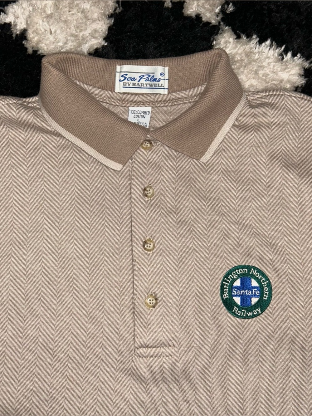 Vintage herringbone Sea Palms By Hartwell Polo Men’s L Santa Fe Railway Logo